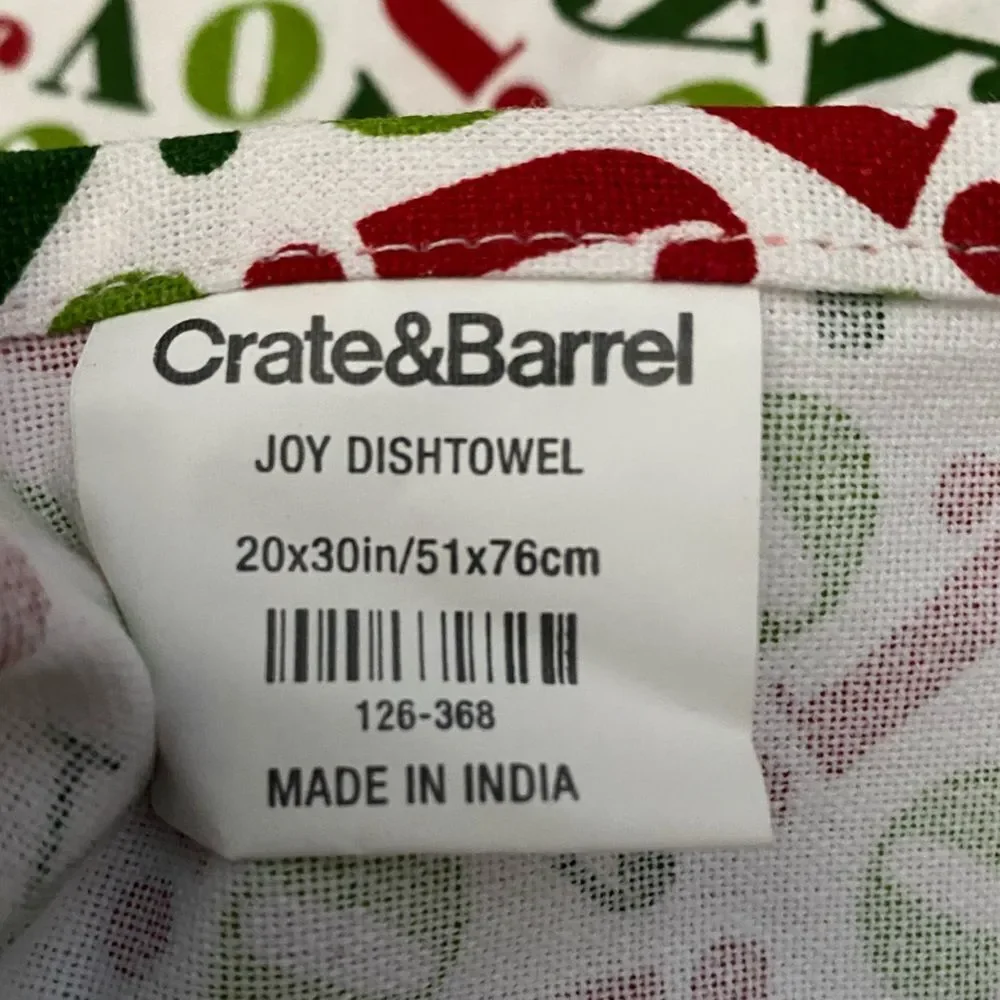 Crate & Barrel Joy Dishtowel with Red and Green Accents with Pom Poms